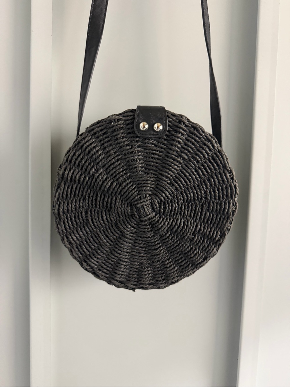Vintage Black Round Woven Raffia Crossbody Bag